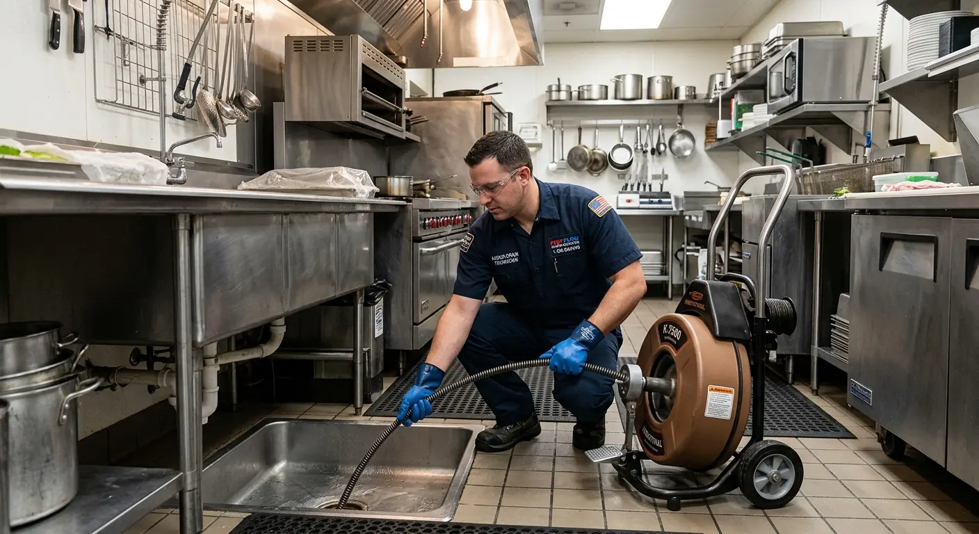 Commercial drain cleaning service in a restaurant kitchen in Jennings