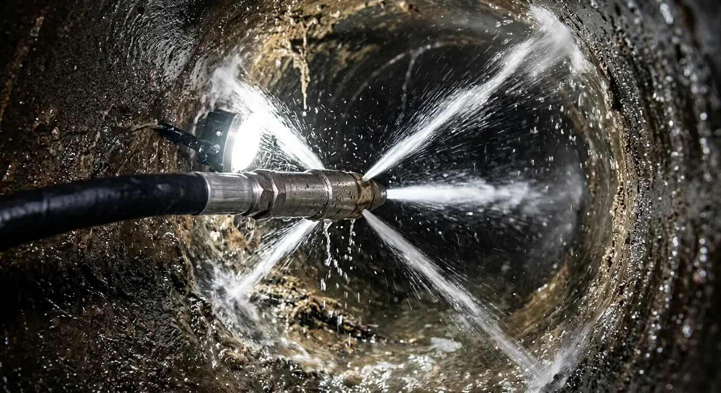 High-pressure hydro jetting nozzle cleaning sewer pipe for Sewer Line Relining in Jennings