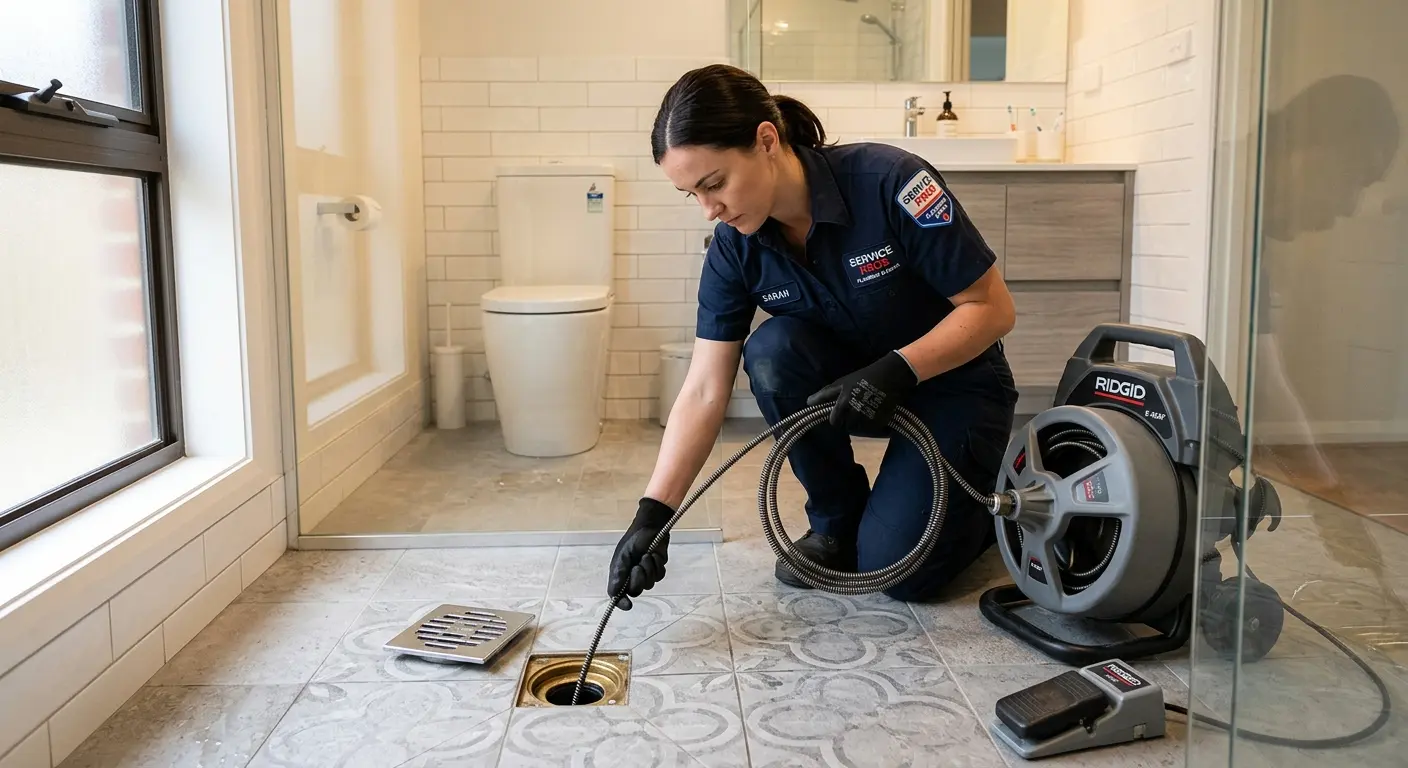 Technician clearing a bathroom floor drain for Drain Repair in Jennings